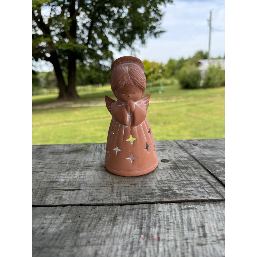Terracotta Angel Candle Holder Tea Light Votive Star Cutouts Rustic Clay Decor